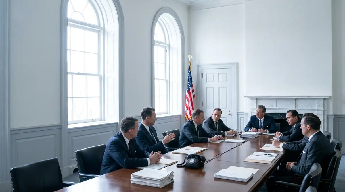A bright 1960s Washington meeting room with men in suits around a long table, papers and a rotary phone